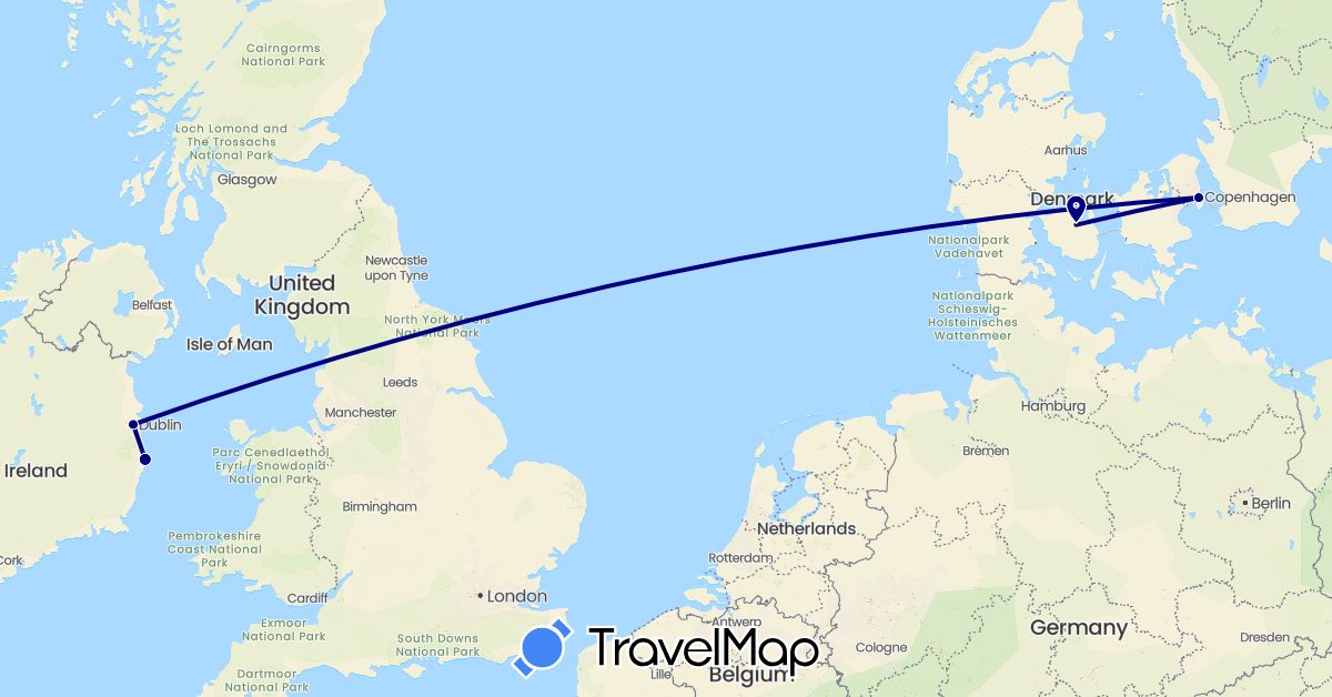 TravelMap itinerary: driving in Denmark, Ireland (Europe)